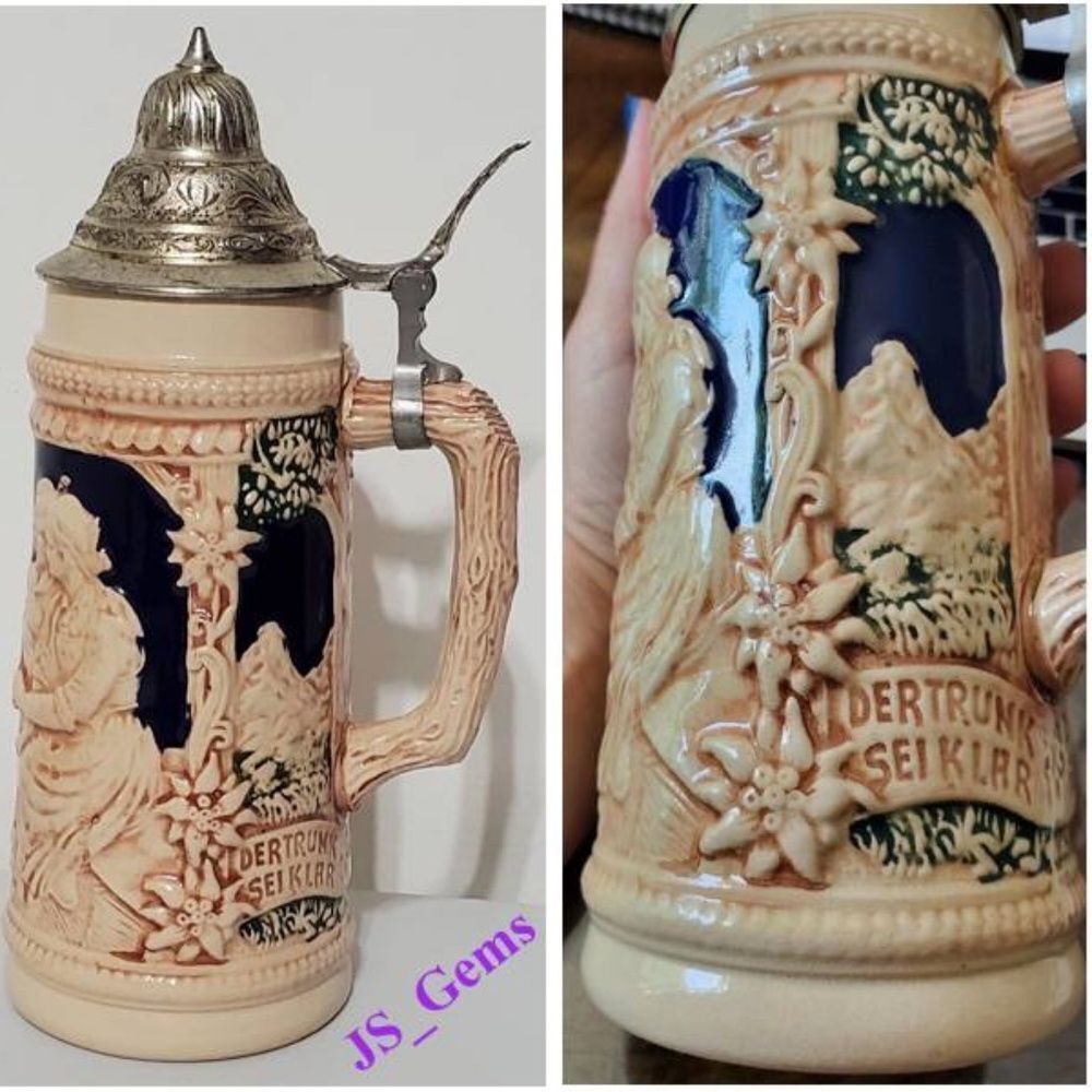Vintage German Beer Stein Mug Love Collectable Lidded Drinking Mountains VTG